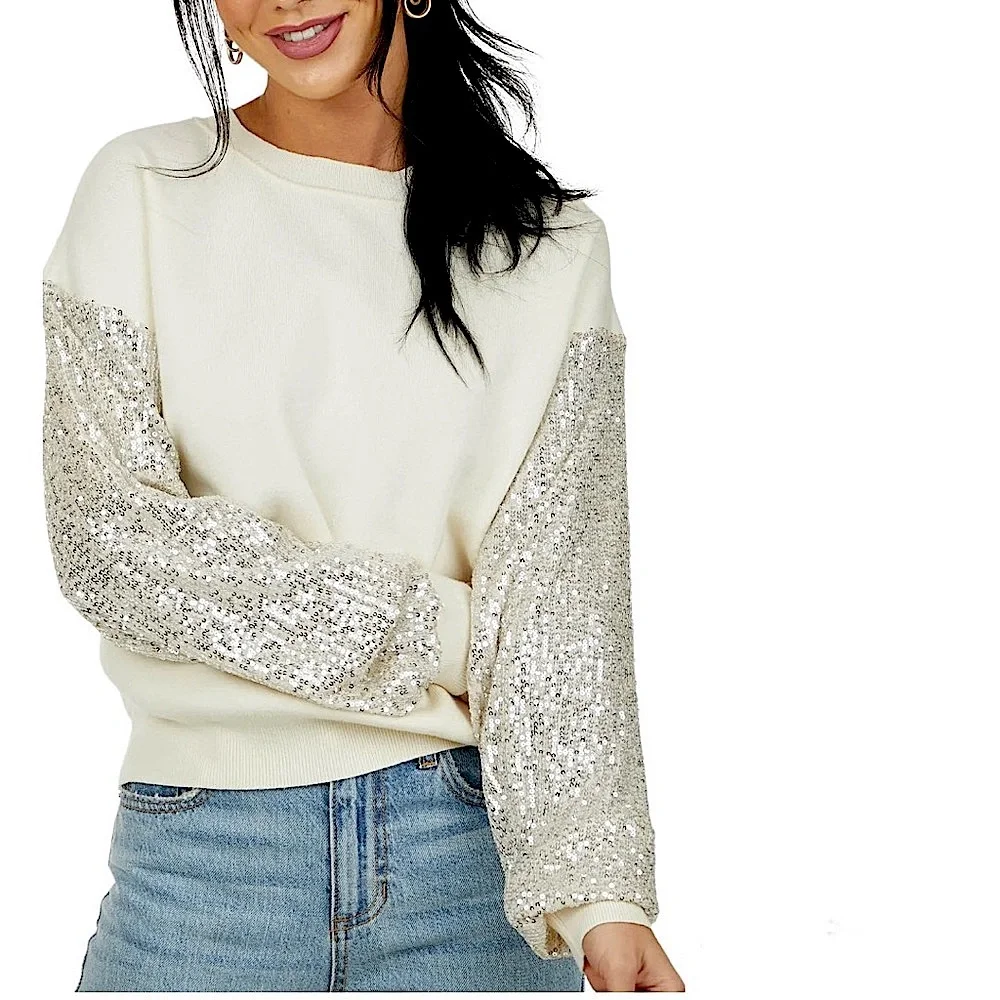 LUSH Sequin Sleeve Sweater Silver Cream Coquette Comfy Cozy Winter Sparkly Small - Picture 15 of 15